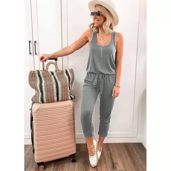 imagePRETTYGARDEN Womens Casual Tank Jumpsuits Sleeveless Drawstring Elastic Waist Loose Summer RomperLight Grey