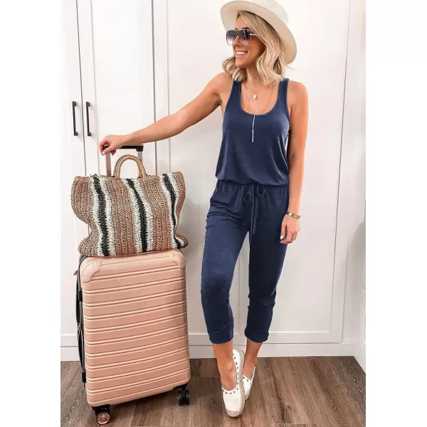 imagePRETTYGARDEN Womens Casual Tank Jumpsuits Sleeveless Drawstring Elastic Waist Loose Summer RomperNavy