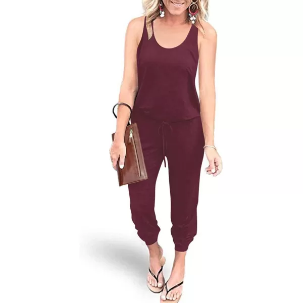 imagePRETTYGARDEN Womens Casual Tank Jumpsuits Sleeveless Drawstring Elastic Waist Loose Summer RomperRed