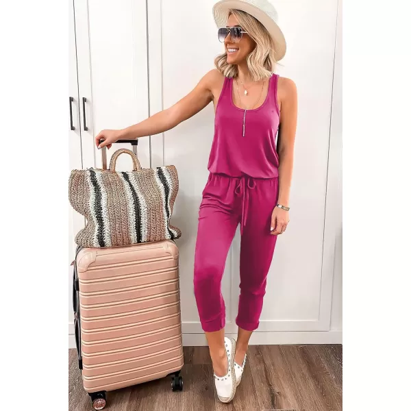 imagePRETTYGARDEN Womens Casual Tank Jumpsuits Sleeveless Drawstring Elastic Waist Loose Summer RomperRose Red