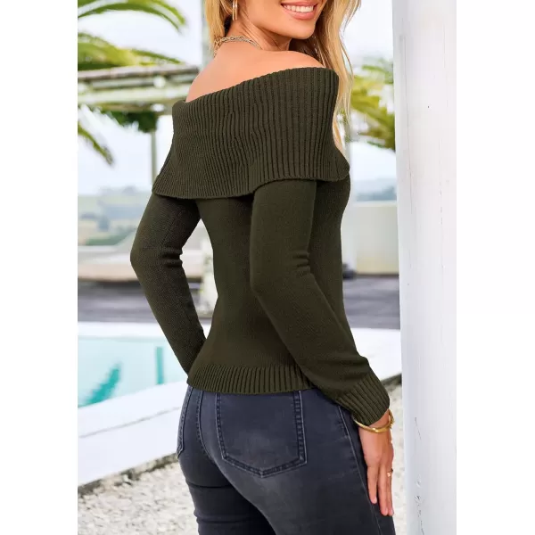imagePRETTYGARDEN Womens Fall Off Shoulder Sweaters Y2K Long Sleeve Ribbed Knit Fitted Pullover Tops BlouseArmy Green