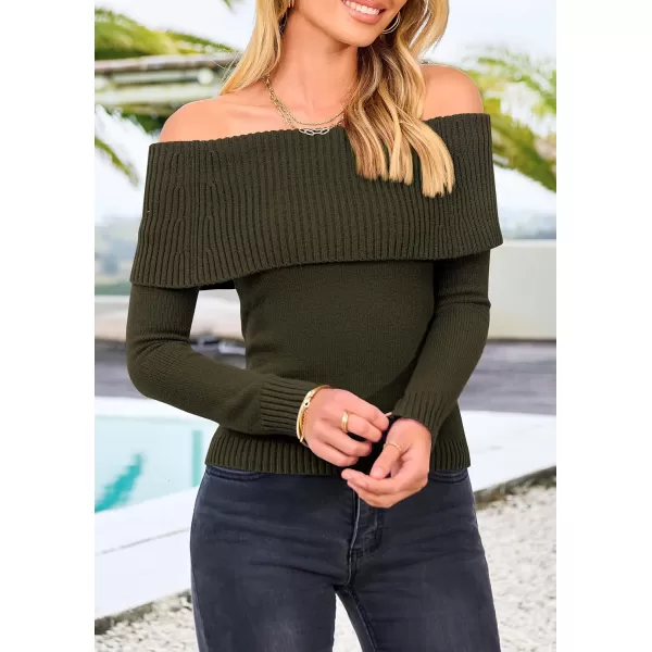 imagePRETTYGARDEN Womens Fall Off Shoulder Sweaters Y2K Long Sleeve Ribbed Knit Fitted Pullover Tops BlouseArmy Green