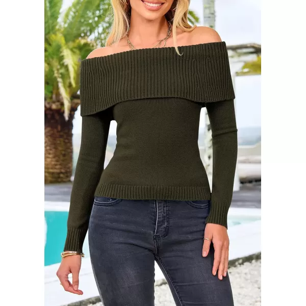 imagePRETTYGARDEN Womens Fall Off Shoulder Sweaters Y2K Long Sleeve Ribbed Knit Fitted Pullover Tops BlouseArmy Green