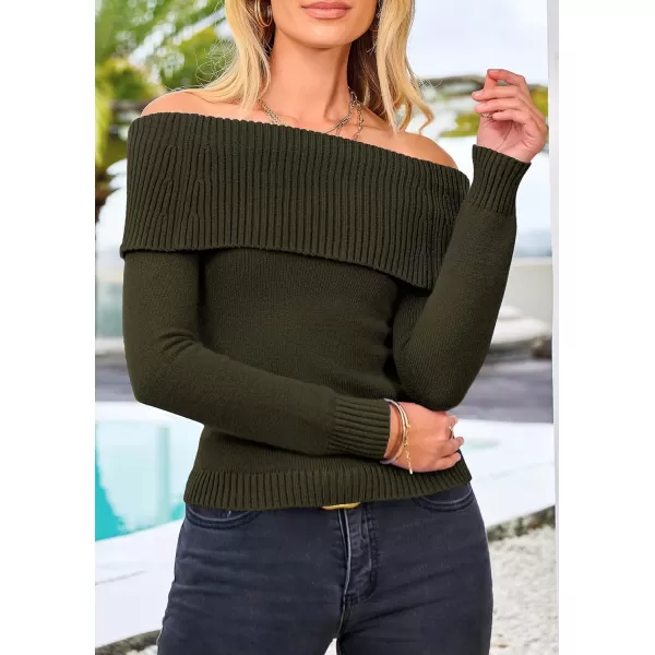 imagePRETTYGARDEN Womens Fall Off Shoulder Sweaters Y2K Long Sleeve Ribbed Knit Fitted Pullover Tops BlouseArmy Green