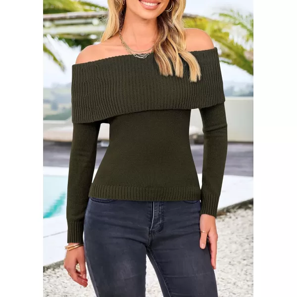 imagePRETTYGARDEN Womens Fall Off Shoulder Sweaters Y2K Long Sleeve Ribbed Knit Fitted Pullover Tops BlouseArmy Green