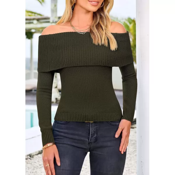 imagePRETTYGARDEN Womens Fall Off Shoulder Sweaters Y2K Long Sleeve Ribbed Knit Fitted Pullover Tops BlouseArmy Green