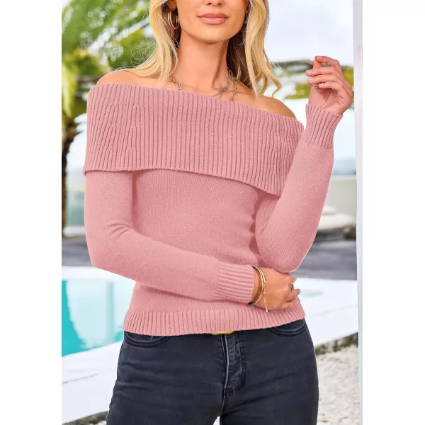 imagePRETTYGARDEN Womens Fall Off Shoulder Sweaters Y2K Long Sleeve Ribbed Knit Fitted Pullover Tops BlouseBean Paste Pink
