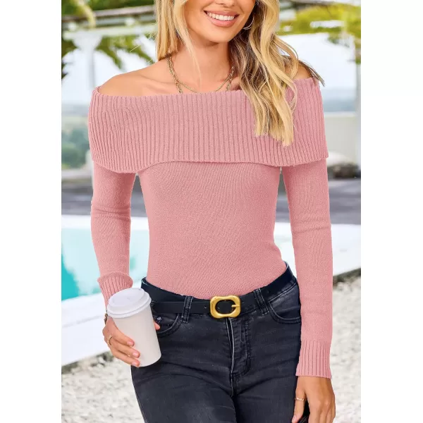 imagePRETTYGARDEN Womens Fall Off Shoulder Sweaters Y2K Long Sleeve Ribbed Knit Fitted Pullover Tops BlouseBean Paste Pink