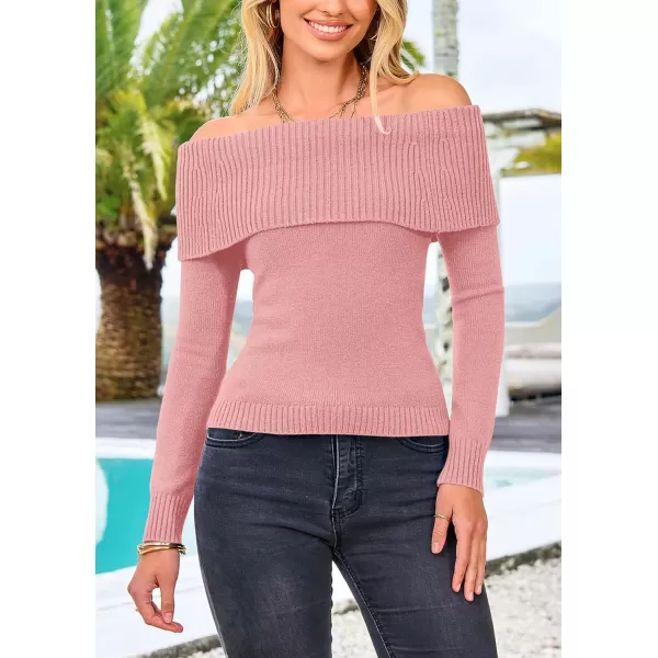 imagePRETTYGARDEN Womens Fall Off Shoulder Sweaters Y2K Long Sleeve Ribbed Knit Fitted Pullover Tops BlouseBean Paste Pink