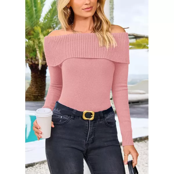 imagePRETTYGARDEN Womens Fall Off Shoulder Sweaters Y2K Long Sleeve Ribbed Knit Fitted Pullover Tops BlouseBean Paste Pink