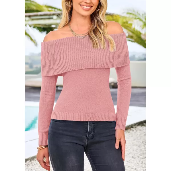 imagePRETTYGARDEN Womens Fall Off Shoulder Sweaters Y2K Long Sleeve Ribbed Knit Fitted Pullover Tops BlouseBean Paste Pink