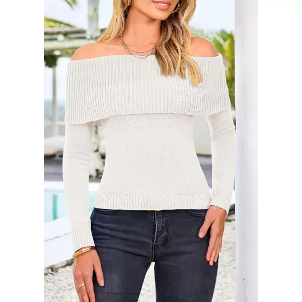 imagePRETTYGARDEN Womens Fall Off Shoulder Sweaters Y2K Long Sleeve Ribbed Knit Fitted Pullover Tops BlouseBeige White