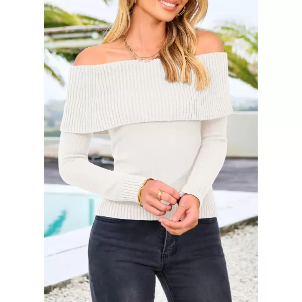 imagePRETTYGARDEN Womens Fall Off Shoulder Sweaters Y2K Long Sleeve Ribbed Knit Fitted Pullover Tops BlouseBeige White