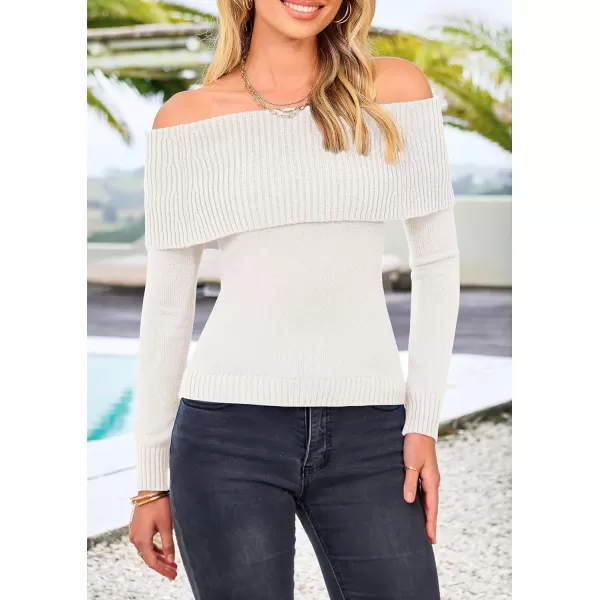 imagePRETTYGARDEN Womens Fall Off Shoulder Sweaters Y2K Long Sleeve Ribbed Knit Fitted Pullover Tops BlouseBeige White