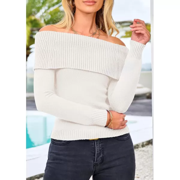 imagePRETTYGARDEN Womens Fall Off Shoulder Sweaters Y2K Long Sleeve Ribbed Knit Fitted Pullover Tops BlouseBeige White