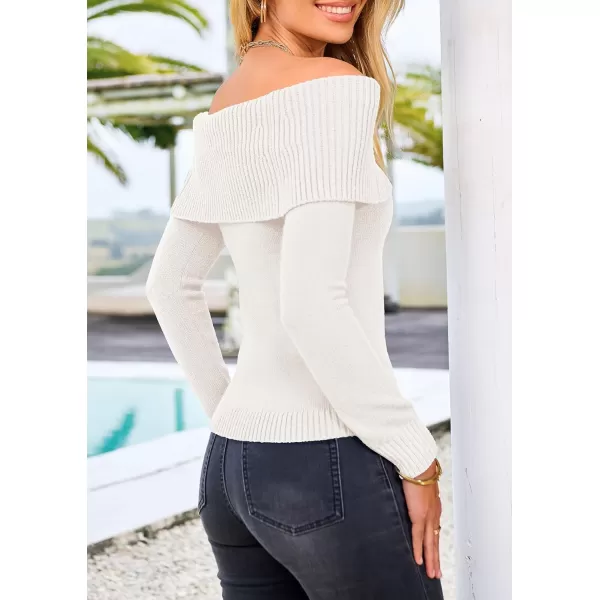 imagePRETTYGARDEN Womens Fall Off Shoulder Sweaters Y2K Long Sleeve Ribbed Knit Fitted Pullover Tops BlouseBeige White