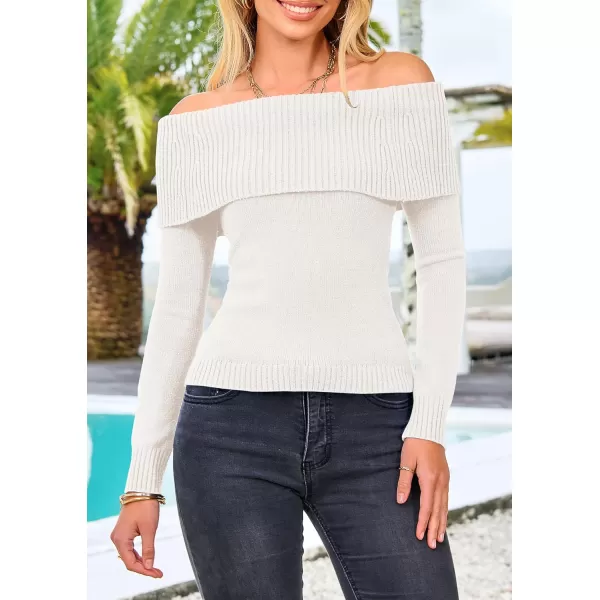 imagePRETTYGARDEN Womens Fall Off Shoulder Sweaters Y2K Long Sleeve Ribbed Knit Fitted Pullover Tops BlouseBeige White