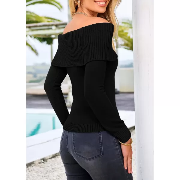 imagePRETTYGARDEN Womens Fall Off Shoulder Sweaters Y2K Long Sleeve Ribbed Knit Fitted Pullover Tops BlouseBlack
