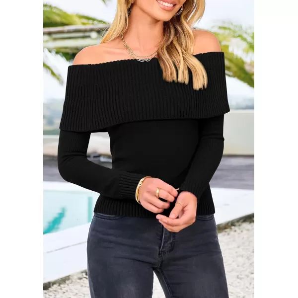 imagePRETTYGARDEN Womens Fall Off Shoulder Sweaters Y2K Long Sleeve Ribbed Knit Fitted Pullover Tops BlouseBlack