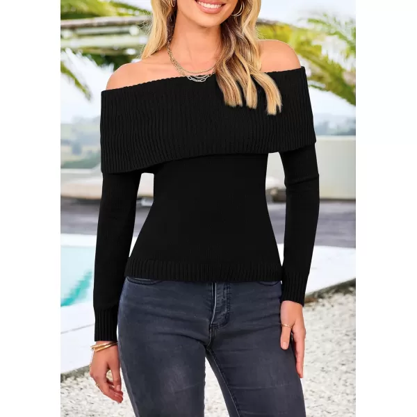 imagePRETTYGARDEN Womens Fall Off Shoulder Sweaters Y2K Long Sleeve Ribbed Knit Fitted Pullover Tops BlouseBlack