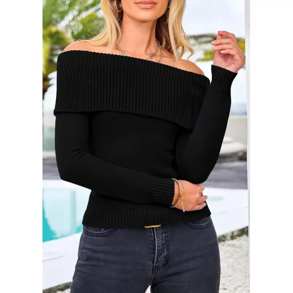 imagePRETTYGARDEN Womens Fall Off Shoulder Sweaters Y2K Long Sleeve Ribbed Knit Fitted Pullover Tops BlouseBlack