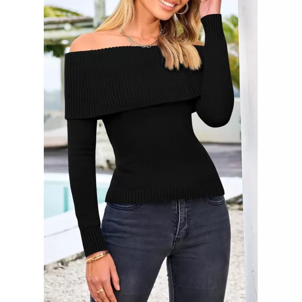 imagePRETTYGARDEN Womens Fall Off Shoulder Sweaters Y2K Long Sleeve Ribbed Knit Fitted Pullover Tops BlouseBlack