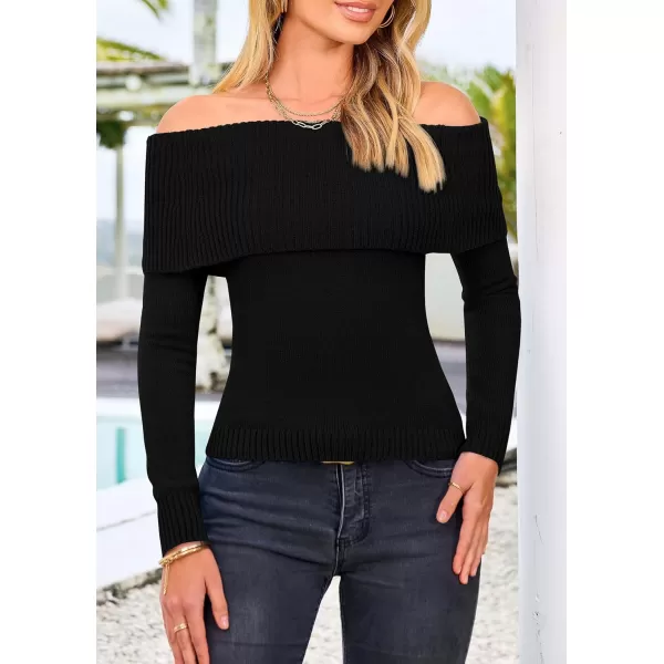 imagePRETTYGARDEN Womens Fall Off Shoulder Sweaters Y2K Long Sleeve Ribbed Knit Fitted Pullover Tops BlouseBlack