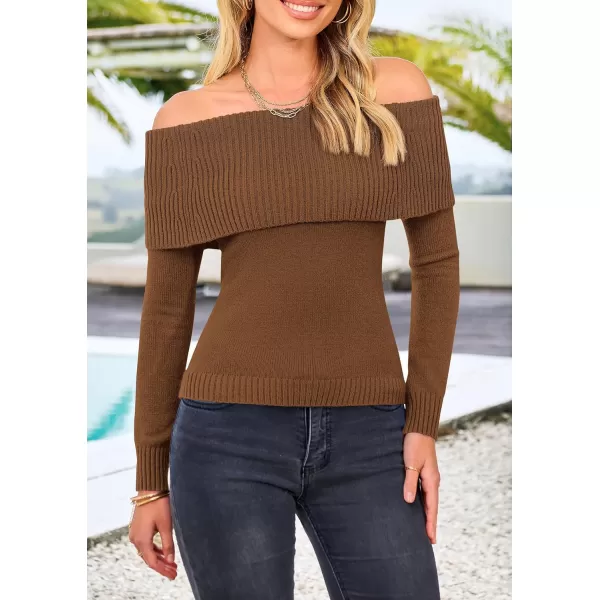 imagePRETTYGARDEN Womens Fall Off Shoulder Sweaters Y2K Long Sleeve Ribbed Knit Fitted Pullover Tops BlouseCoffee