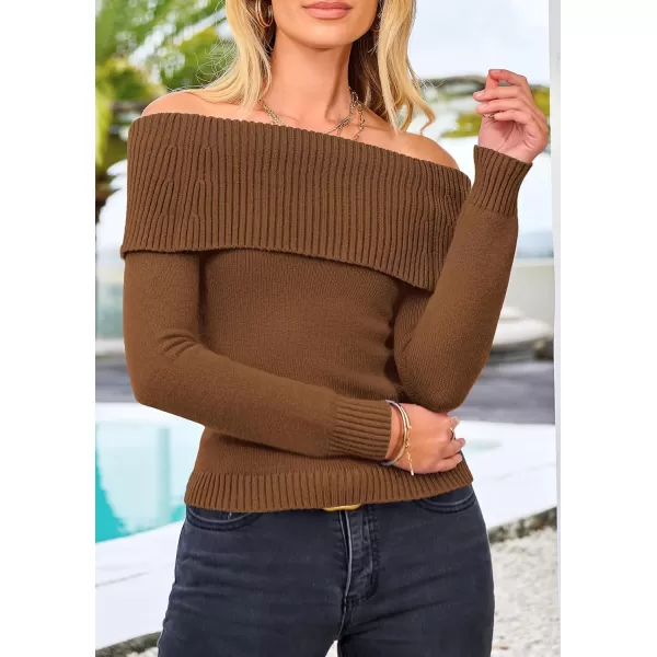 imagePRETTYGARDEN Womens Fall Off Shoulder Sweaters Y2K Long Sleeve Ribbed Knit Fitted Pullover Tops BlouseCoffee