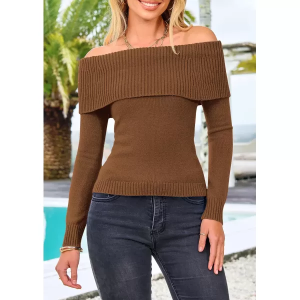 imagePRETTYGARDEN Womens Fall Off Shoulder Sweaters Y2K Long Sleeve Ribbed Knit Fitted Pullover Tops BlouseCoffee