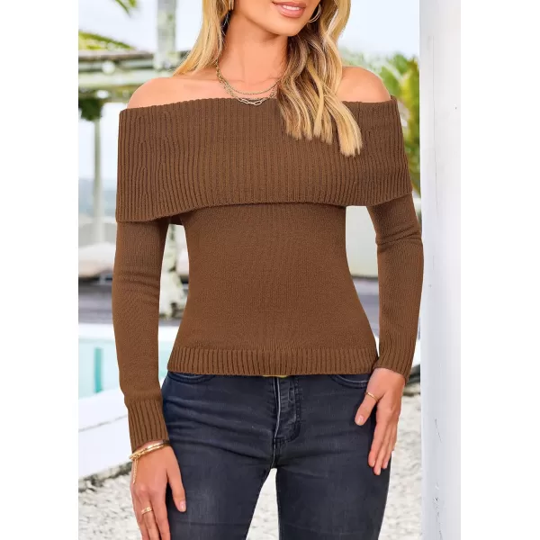 imagePRETTYGARDEN Womens Fall Off Shoulder Sweaters Y2K Long Sleeve Ribbed Knit Fitted Pullover Tops BlouseCoffee