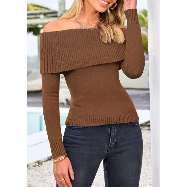 imagePRETTYGARDEN Womens Fall Off Shoulder Sweaters Y2K Long Sleeve Ribbed Knit Fitted Pullover Tops BlouseCoffee