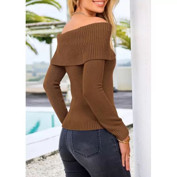 imagePRETTYGARDEN Womens Fall Off Shoulder Sweaters Y2K Long Sleeve Ribbed Knit Fitted Pullover Tops BlouseCoffee