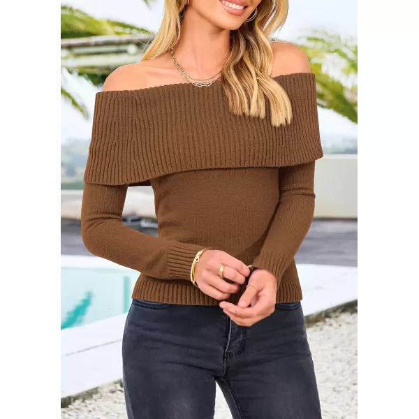 imagePRETTYGARDEN Womens Fall Off Shoulder Sweaters Y2K Long Sleeve Ribbed Knit Fitted Pullover Tops BlouseCoffee