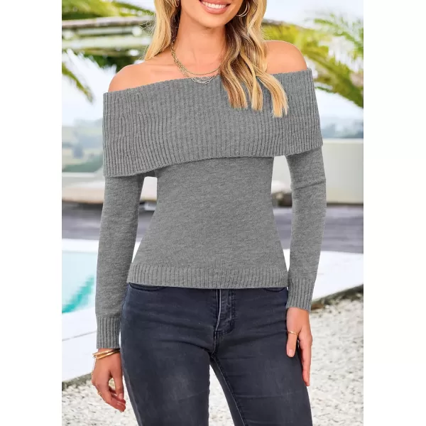 imagePRETTYGARDEN Womens Fall Off Shoulder Sweaters Y2K Long Sleeve Ribbed Knit Fitted Pullover Tops BlouseGrey