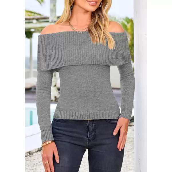 imagePRETTYGARDEN Womens Fall Off Shoulder Sweaters Y2K Long Sleeve Ribbed Knit Fitted Pullover Tops BlouseGrey