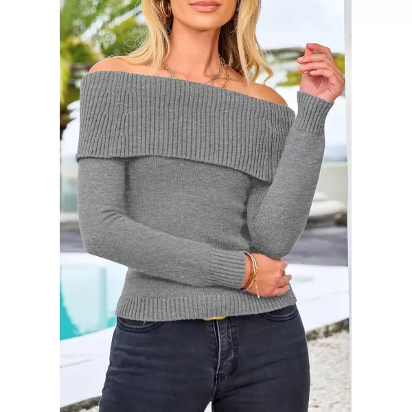imagePRETTYGARDEN Womens Fall Off Shoulder Sweaters Y2K Long Sleeve Ribbed Knit Fitted Pullover Tops BlouseGrey