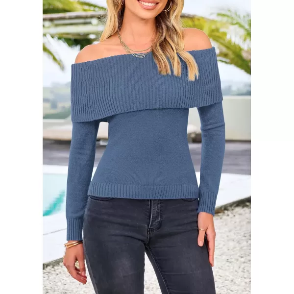 imagePRETTYGARDEN Womens Fall Off Shoulder Sweaters Y2K Long Sleeve Ribbed Knit Fitted Pullover Tops BlouseGrey Blue