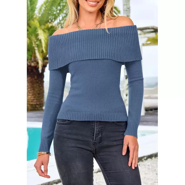 imagePRETTYGARDEN Womens Fall Off Shoulder Sweaters Y2K Long Sleeve Ribbed Knit Fitted Pullover Tops BlouseGrey Blue