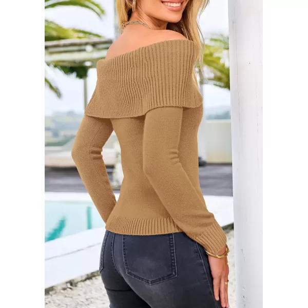 imagePRETTYGARDEN Womens Fall Off Shoulder Sweaters Y2K Long Sleeve Ribbed Knit Fitted Pullover Tops BlouseKhaki