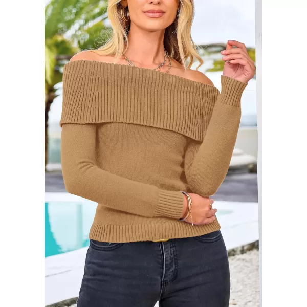 imagePRETTYGARDEN Womens Fall Off Shoulder Sweaters Y2K Long Sleeve Ribbed Knit Fitted Pullover Tops BlouseKhaki