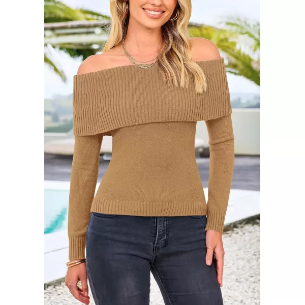 imagePRETTYGARDEN Womens Fall Off Shoulder Sweaters Y2K Long Sleeve Ribbed Knit Fitted Pullover Tops BlouseKhaki