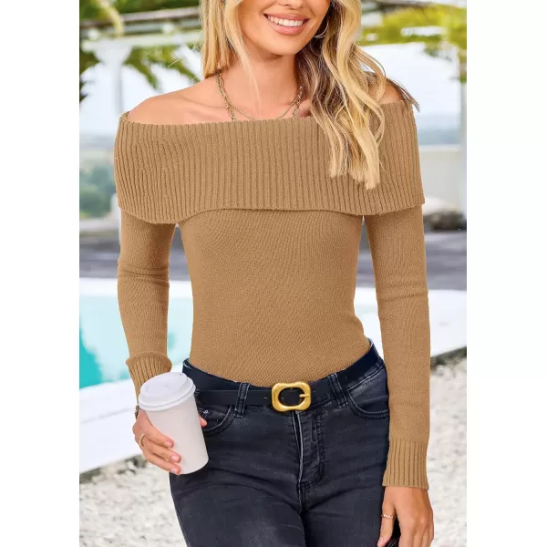 imagePRETTYGARDEN Womens Fall Off Shoulder Sweaters Y2K Long Sleeve Ribbed Knit Fitted Pullover Tops BlouseKhaki