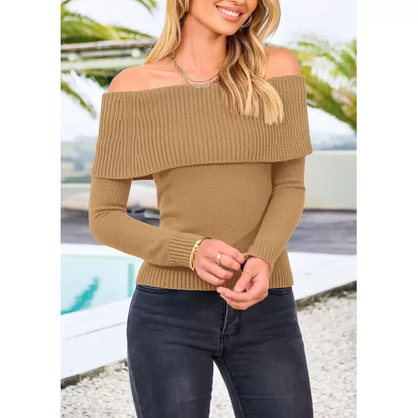 imagePRETTYGARDEN Womens Fall Off Shoulder Sweaters Y2K Long Sleeve Ribbed Knit Fitted Pullover Tops BlouseKhaki