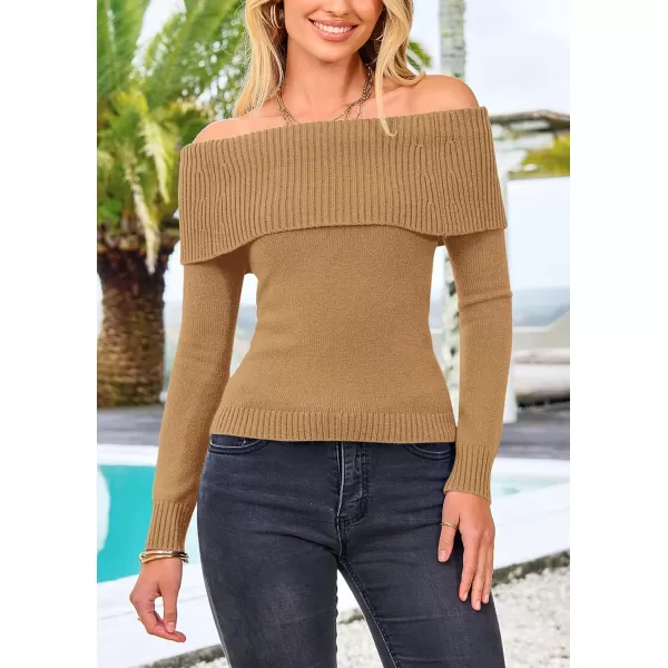 imagePRETTYGARDEN Womens Fall Off Shoulder Sweaters Y2K Long Sleeve Ribbed Knit Fitted Pullover Tops BlouseKhaki