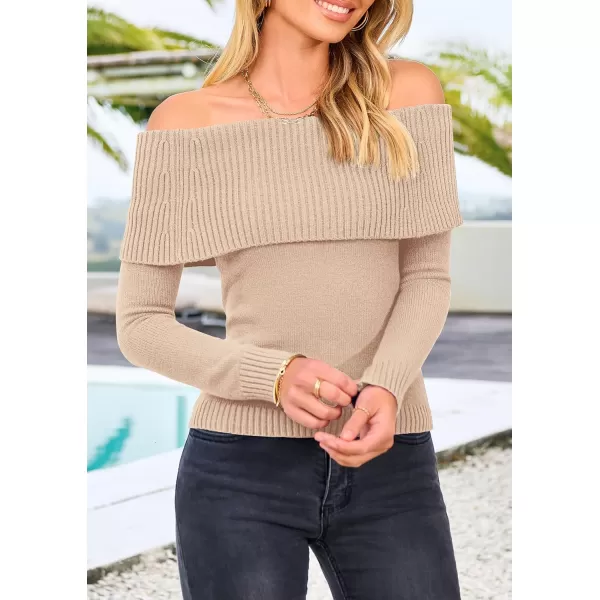 imagePRETTYGARDEN Womens Fall Off Shoulder Sweaters Y2K Long Sleeve Ribbed Knit Fitted Pullover Tops BlouseLight Camel