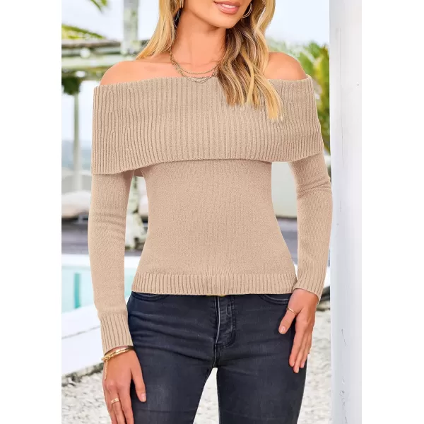 imagePRETTYGARDEN Womens Fall Off Shoulder Sweaters Y2K Long Sleeve Ribbed Knit Fitted Pullover Tops BlouseLight Camel