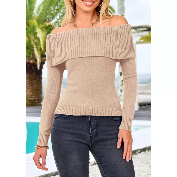 imagePRETTYGARDEN Womens Fall Off Shoulder Sweaters Y2K Long Sleeve Ribbed Knit Fitted Pullover Tops BlouseLight Camel