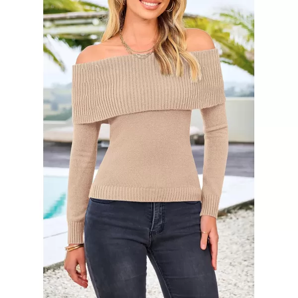 imagePRETTYGARDEN Womens Fall Off Shoulder Sweaters Y2K Long Sleeve Ribbed Knit Fitted Pullover Tops BlouseLight Camel