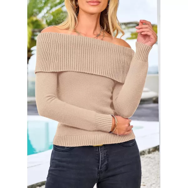 imagePRETTYGARDEN Womens Fall Off Shoulder Sweaters Y2K Long Sleeve Ribbed Knit Fitted Pullover Tops BlouseLight Camel